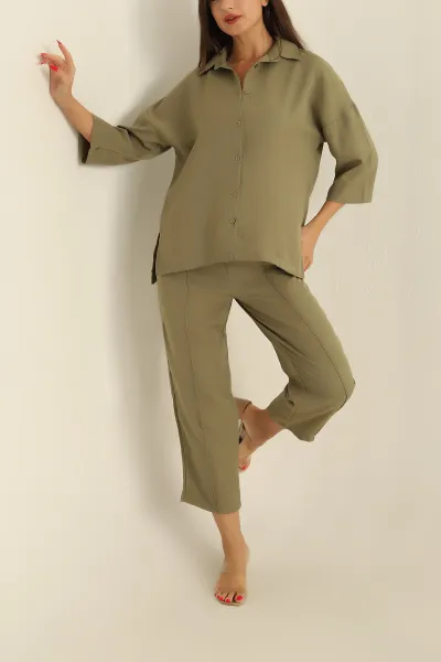 Yağ Yeşili Fakir Kol Keten Pantolon Gömlek İkili Takım 283219