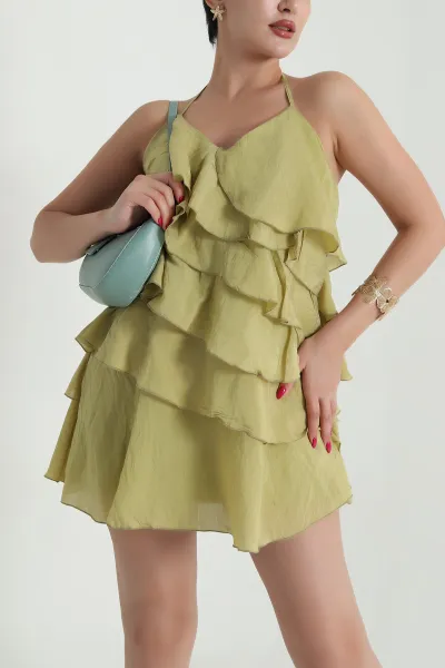 Yağ Yeşili Fırfırlı Astarlı Tencel Kadın Elbise 474349