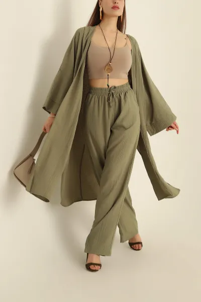 Yağ Yeşili Krinkıl Kimono Pantolon İkili Takım 278670