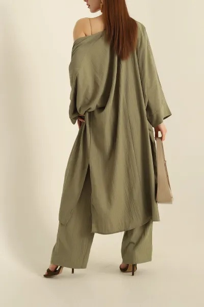 Yağ Yeşili Krinkıl Kimono Pantolon İkili Takım 278670