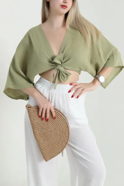 Yağ Yeşili Müslin Kumaş Bağlamalı Bolero 467480