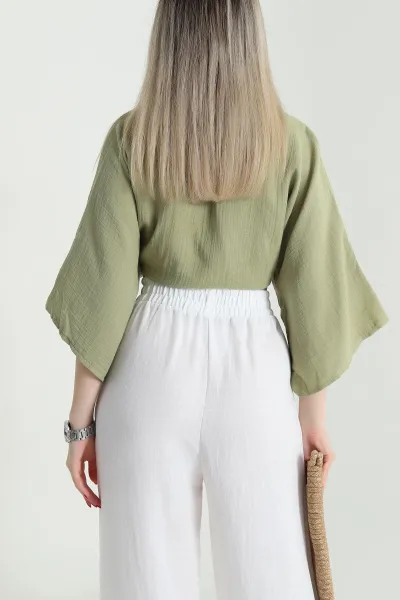 Yağ Yeşili Müslin Kumaş Bağlamalı Bolero 467480