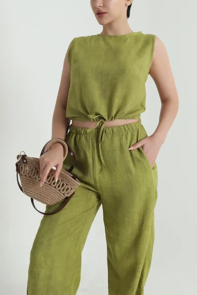 Yağ Yeşili Pantolon Bluz Keten Kadın İkili Takım 465866