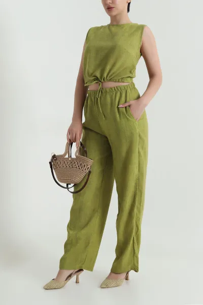 Yağ Yeşili Pantolon Bluz Keten Kadın İkili Takım 465866