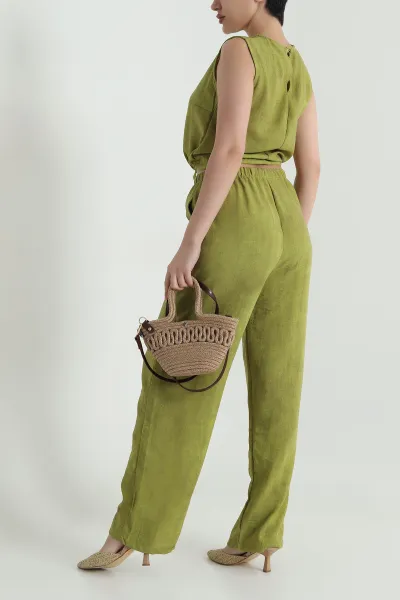 Yağ Yeşili Pantolon Bluz Keten Kadın İkili Takım 465866