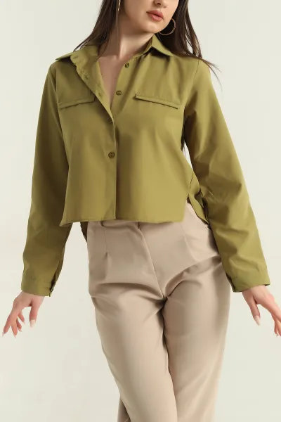 Yağ Yeşili Poplin Kumaş Kadın Crop Gömlek 355797