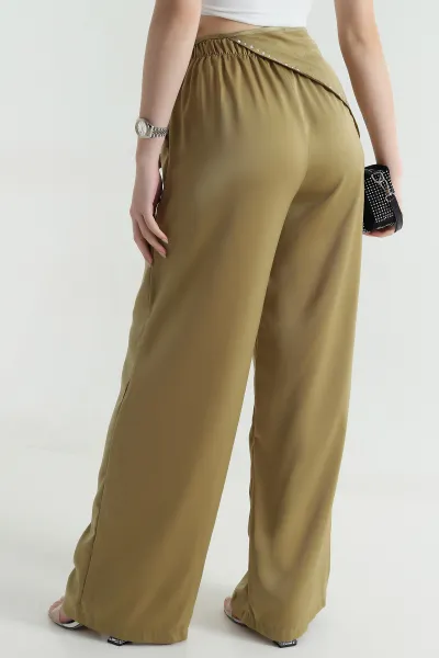Yağ Yeşili Saten Kumaş Beli Lastikli Pantolon 466156