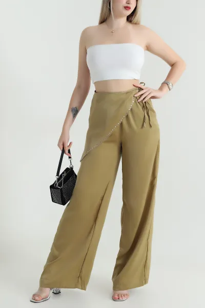 Yağ Yeşili Saten Kumaş Beli Lastikli Pantolon 466156