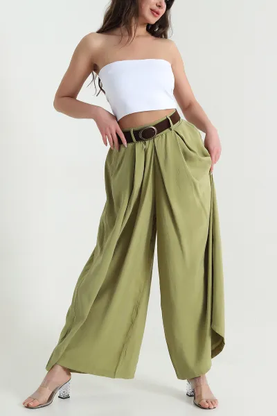 Yağ Yeşili Tencel Pileli Kadın Pantolon 458260