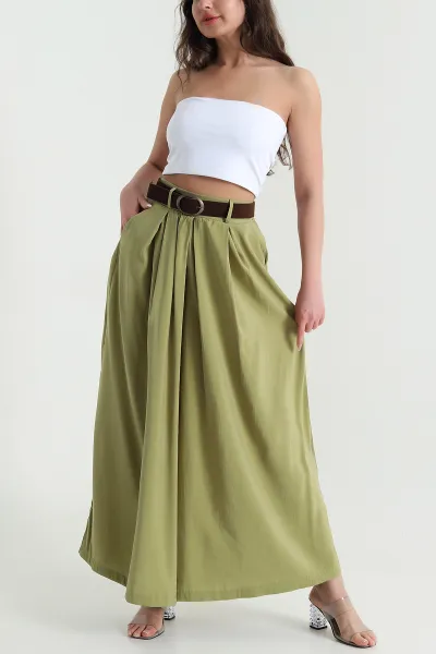 Yağ Yeşili Tencel Pileli Kadın Pantolon 458260