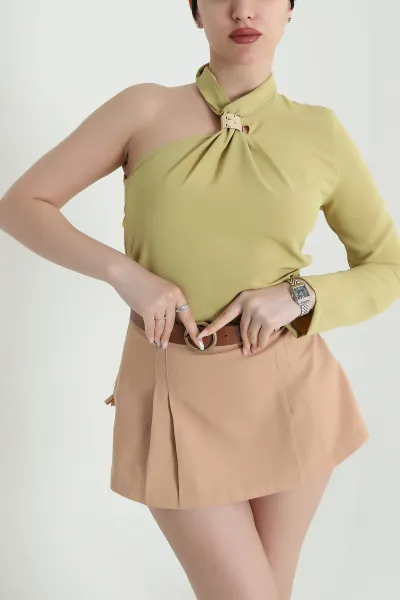 Yağ Yeşili Tokalı Tek Kol Likralı Linda Kadın Bluz 449535