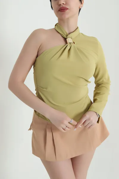Yağ Yeşili Tokalı Tek Kol Likralı Linda Kadın Bluz 449535