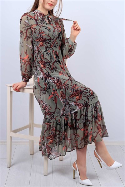 Yaka Bağlamalı Desenli Bayan Şifon Elbise 12032B