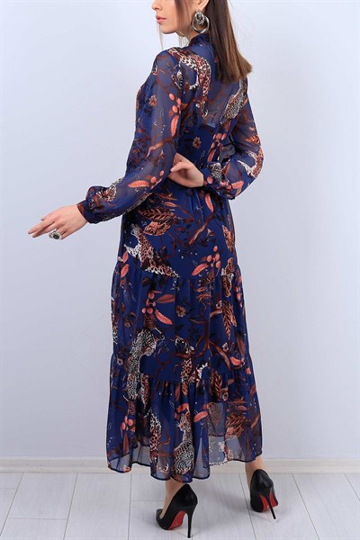 Yaka Bağlamalı Desenli Bayan Şifon Elbise 12031B