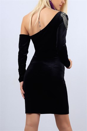Yaka Detay Siyah Bayan Kadife Elbise 10932B