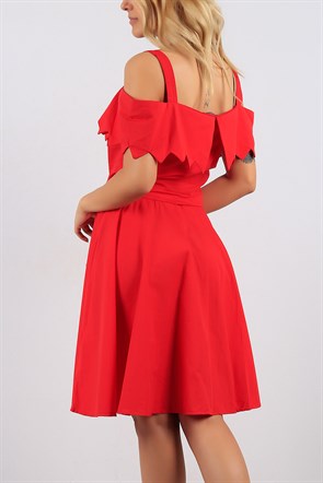 Yaka Detaylı Askılı Kırmızı Bayan Elbise 8670B