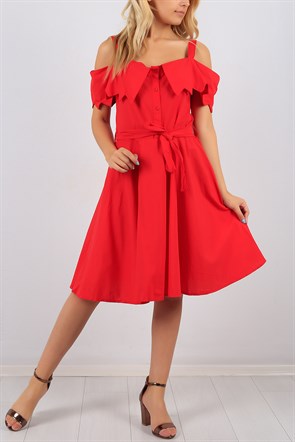 Yaka Detaylı Askılı Kırmızı Bayan Elbise 8670B