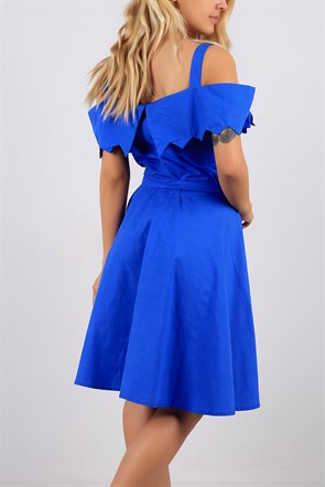 Yaka Detaylı Askılı Mavi Bayan Elbise 8674B