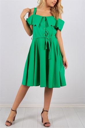 Yaka Detaylı Askılı Yeşil Bayan Elbise 8671B
