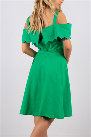 Yaka Detaylı Askılı Yeşil Bayan Elbise 8671B
