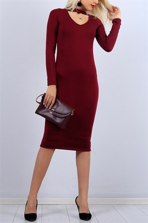 Yaka Detaylı Bordo Bayan Triko Elbise 10340B