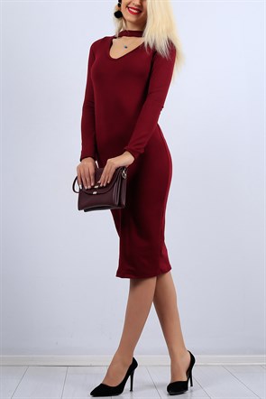 Yaka Detaylı Bordo Bayan Triko Elbise 10340B
