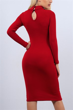 Yaka Detaylı Kırmızı Bayan Elbise 10683B