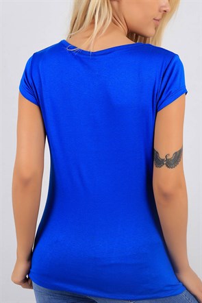 Yaka Detaylı Mavi Bayan Tişört 8684B