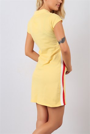 Yaka Fermuar Şerit Desen Sarı Bayan Elbise 8642B