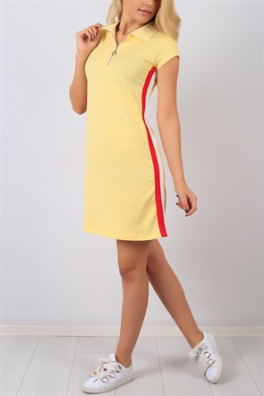 Yaka Fermuar Şerit Desen Sarı Bayan Elbise 8642B