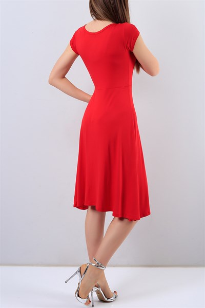Yaka Halka Detaylı Kırmızı Bayan Elbise 16973B