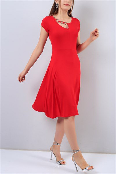 Yaka Halka Detaylı Kırmızı Bayan Elbise 16973B