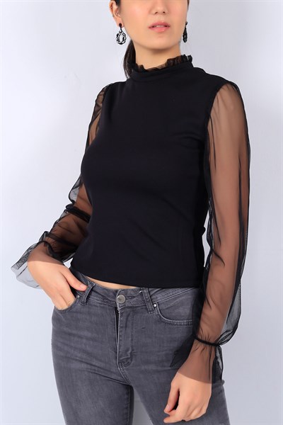 Yaka Kol Tül Siyah Scuba Bluz 22577B