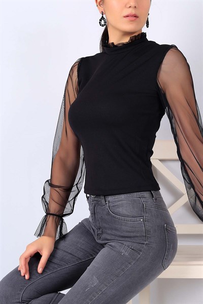Yaka Kol Tül Siyah Scuba Bluz 22577B