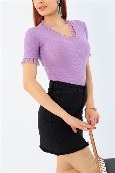 Yaka ve Kolları Tüllü Lila Crop Tişört 32615