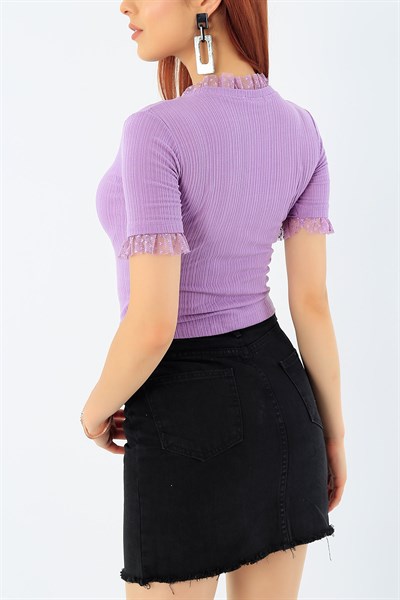 Yaka ve Kolları Tüllü Lila Crop Tişört 32615