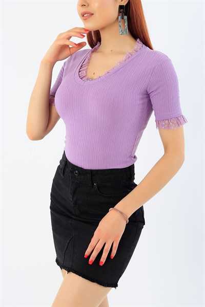 Yaka ve Kolları Tüllü Lila Crop Tişört 32615