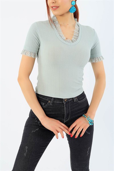 Yaka ve Kolları Tüllü Su Yeşili Crop Tişört 32617