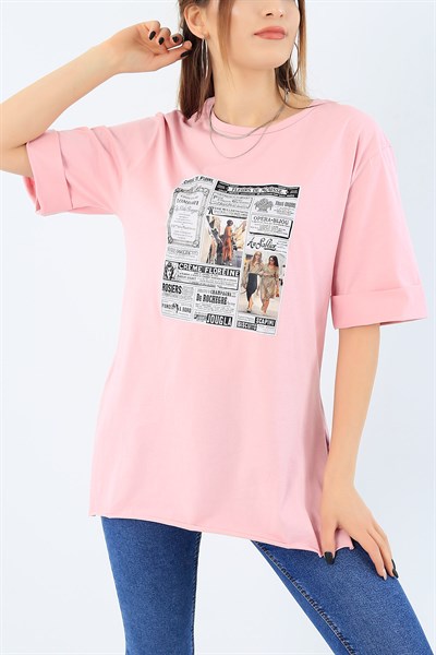 Yan Yırtmaçlı Pembe Baskılı Bayan Tişört 27368B