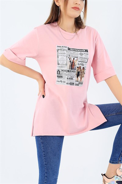 Yan Yırtmaçlı Pembe Baskılı Bayan Tişört 27368B