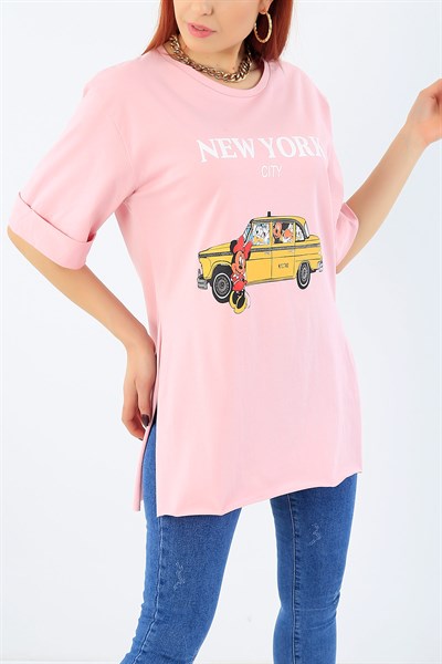 Yan Yırtmaçlı Pembe Baskılı Bayan Tişört 27376B