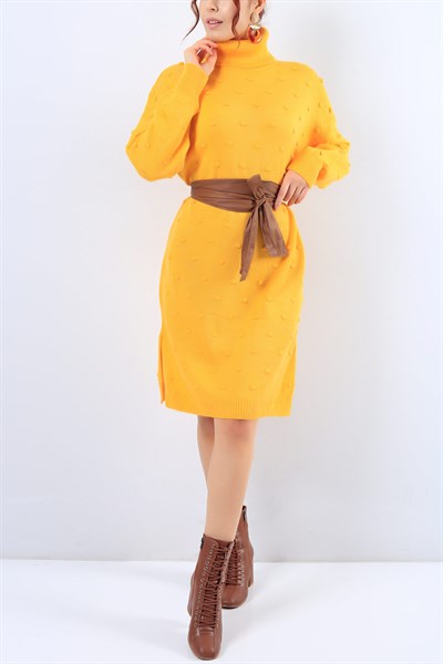 Yandan Yırtmaçlı Sarı Triko Elbise 20532B