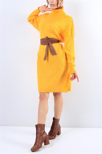 Yandan Yırtmaçlı Sarı Triko Elbise 20532B