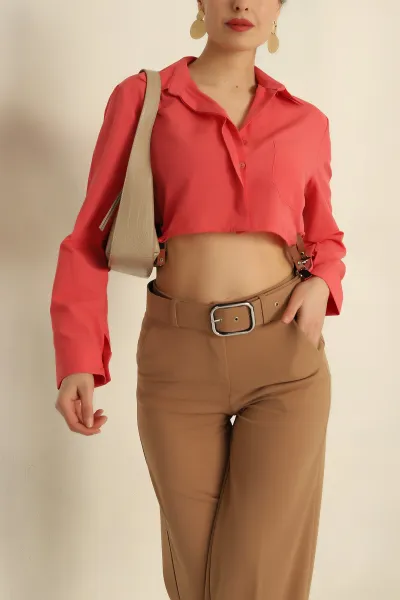 , Yanı Kemerli Poplin Bayan Gömlek 257742