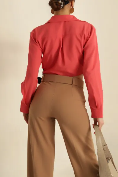 , Yanı Kemerli Poplin Bayan Gömlek 257742