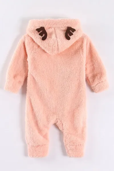 Yavruağzı (0-12 Ay) Geyik Nakışlı Kapüşonlu Peluş Kız Bebek Tulum 494420