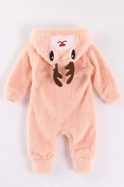 Yavruağzı (0-12 Ay) Kapüşonu Geyik Nakışlı  Peluş Kız Bebek Tulum 495376