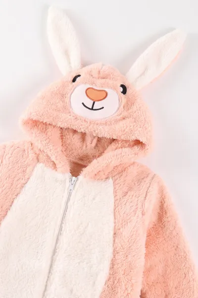 Yavruağzı (0-12 Ay) Kapüşonu Tavşan Nakışlı  Peluş Unisex Bebek Tulum 495381