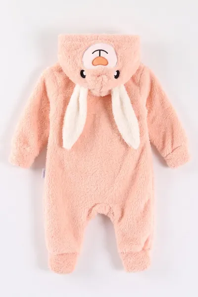 Yavruağzı (0-12 Ay) Kapüşonu Tavşan Nakışlı  Peluş Unisex Bebek Tulum 495381