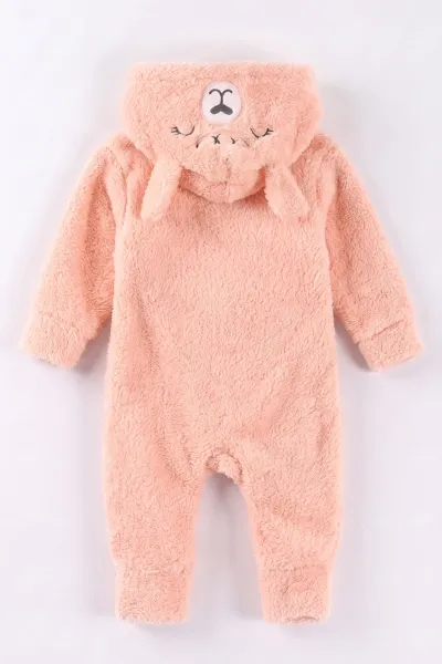 Yavruağzı (0-12 Ay)Kapüşonu  Gülen Ayı Nakışlı  Peluş Kız Bebek Tulum 494432